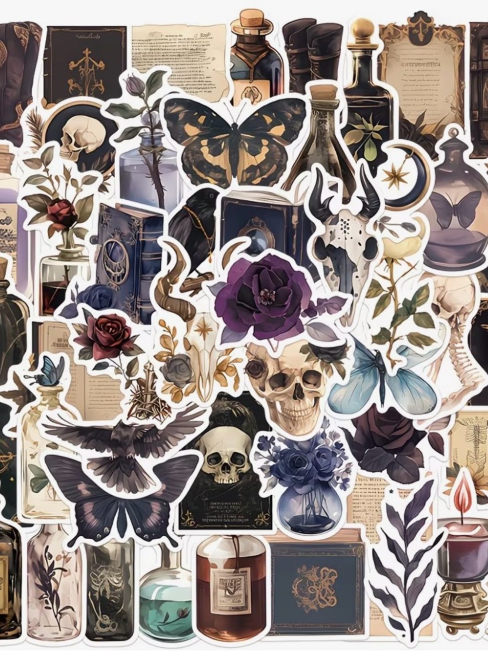 50 Vintage Gothic Stickers Dark Florals Skulls Spell Books Bottle Herbs Raven